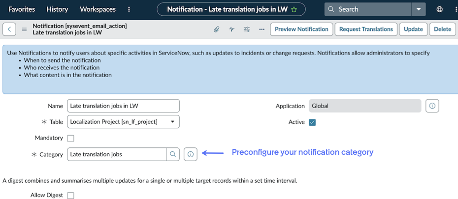 An email notification form with the Table field set to Localization Project. Includes a reminder to preconfigure the notification Category.