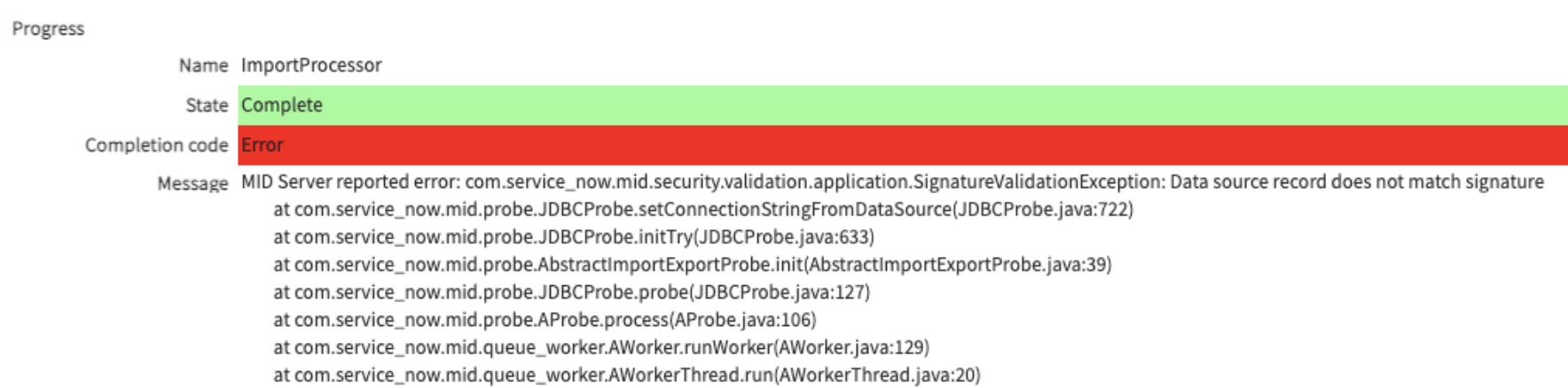 Fehlermeldung für JDBC-Probe.