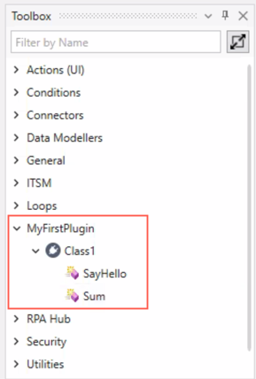 Dois métodos que aparecem na categoria de componente do plug-in do usuário.