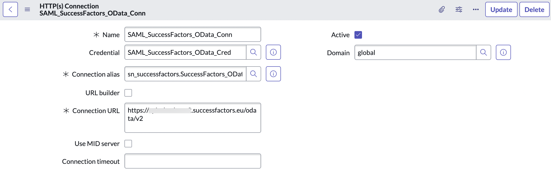 Registro de conexão do OData.