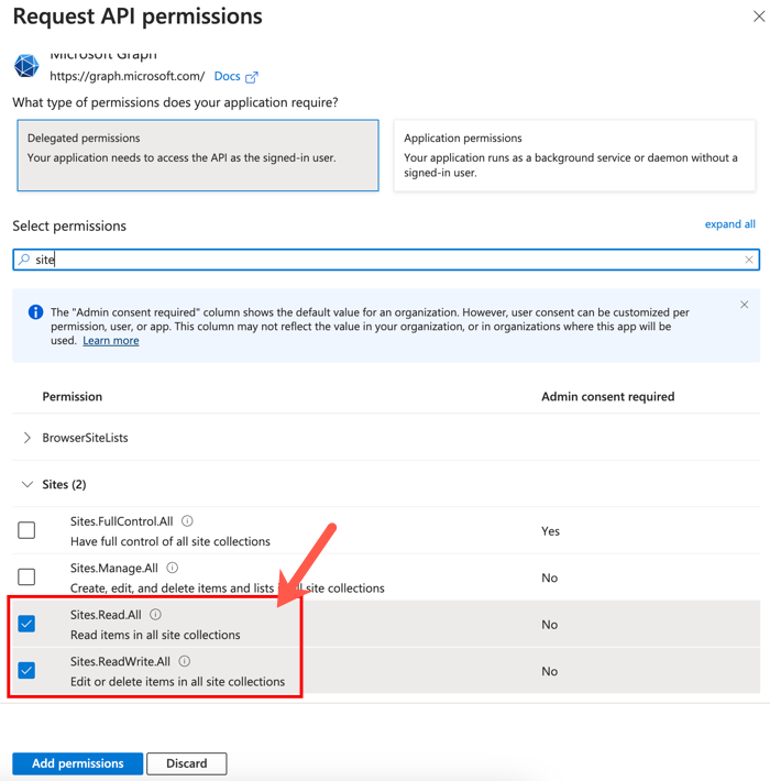 Permissões do site do Graph Spoke do Microsoft SharePoint Online.