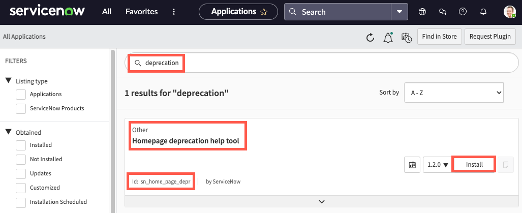 검색 문자열이 "deprecation"인 애플리케이션 스토어 검색은 ID와 설치 버튼이 강조 표시된 홈페이지 사용 중단 도움말 도구를 반환합니다.