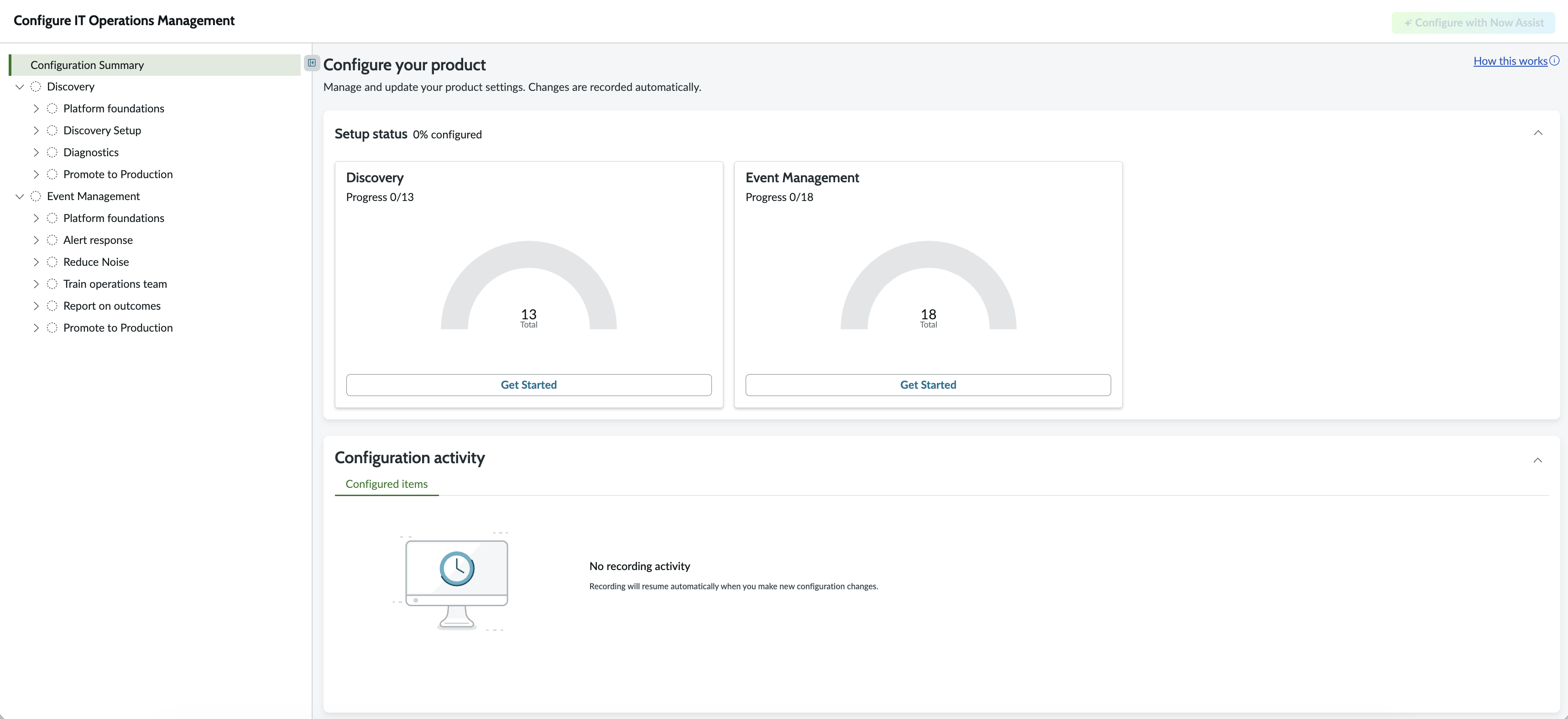 Page Configure (ConfigurerGestion des opérations IT) à laquelle vous pouvez accéder aux Découverte modules et Gestion des événements .