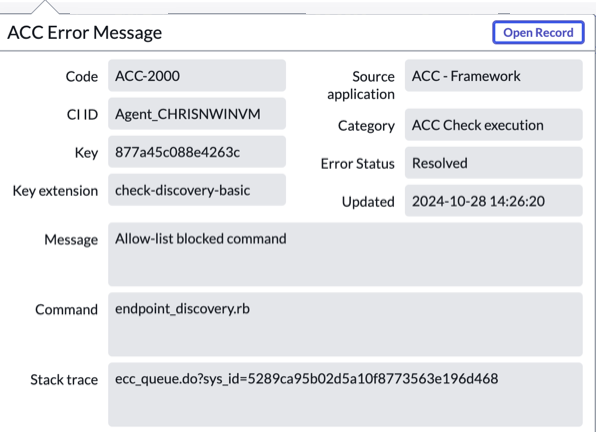 ACC Error Message popup window
