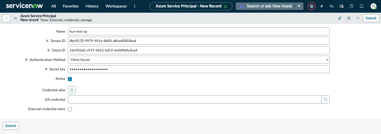 Enregistrement du principe de service Azure.