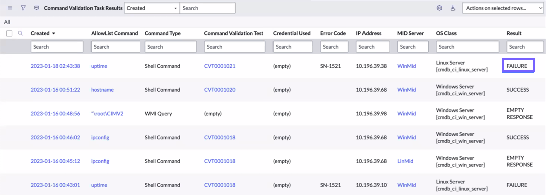 Validation Task Result section