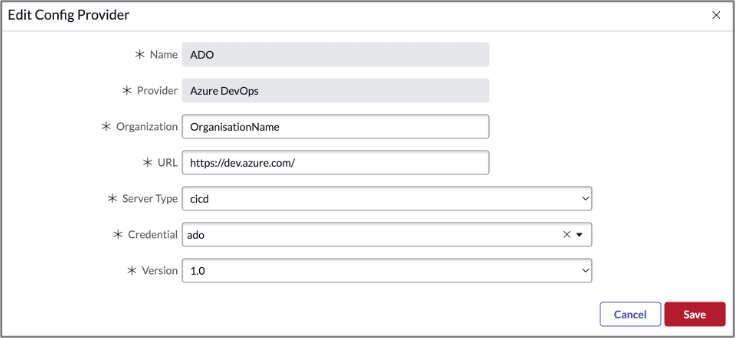 Edit Azure Devops Config provider form.