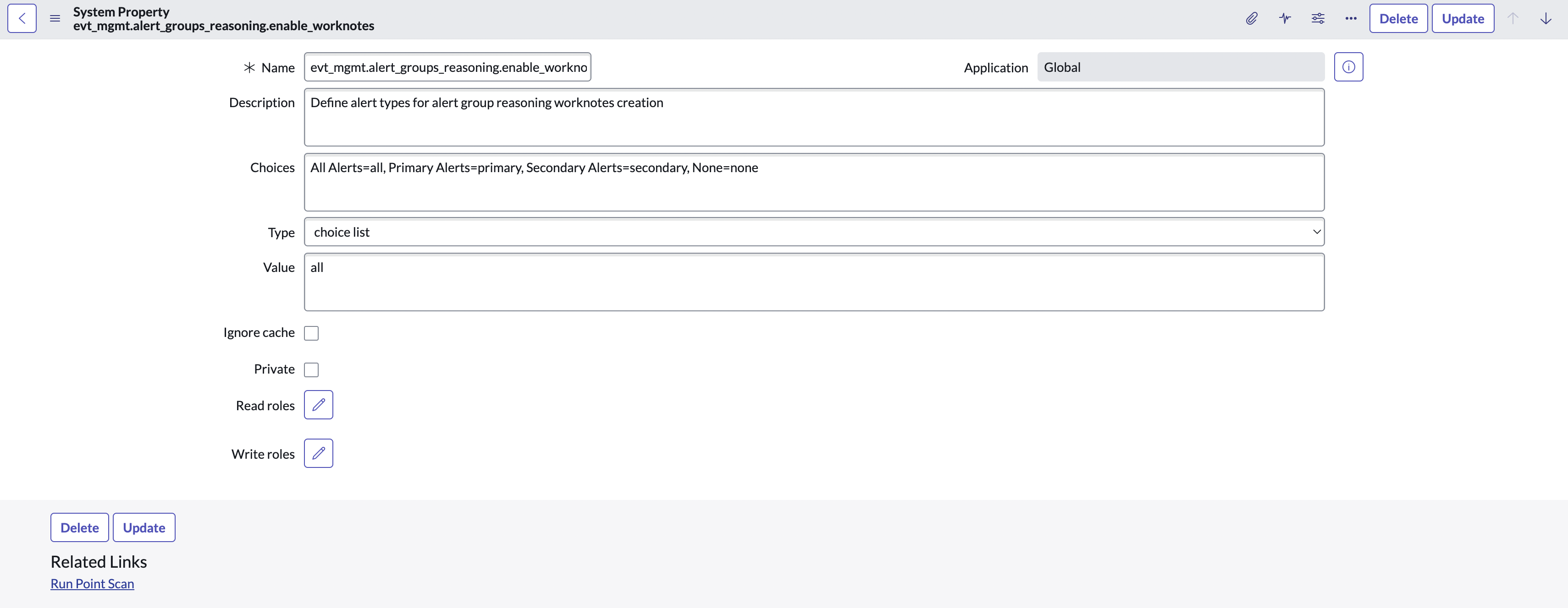Page de propriétés dans laquelle vous pouvez définir des types d’alerte pour la création de notes de travail liées au raisonnement du groupe d’alertes.