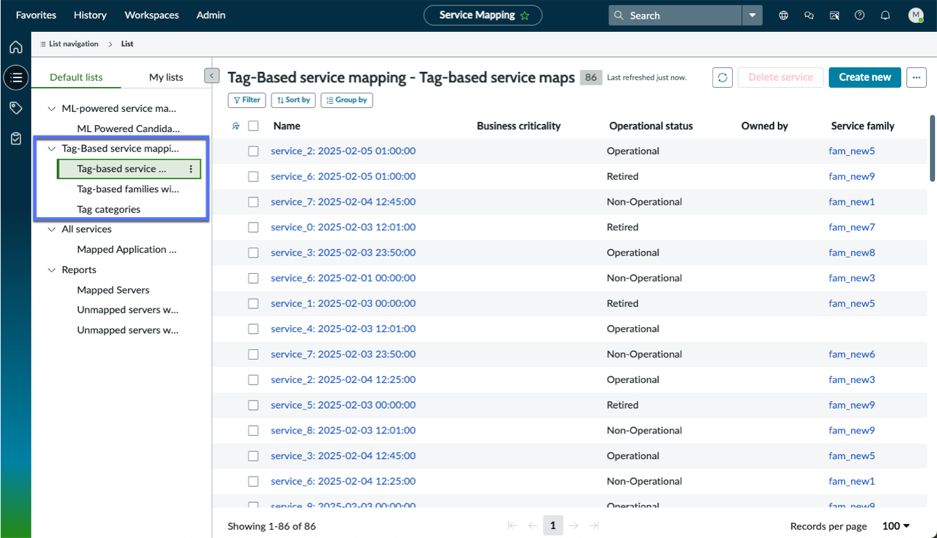 View of tag-based mapping list navigation pane