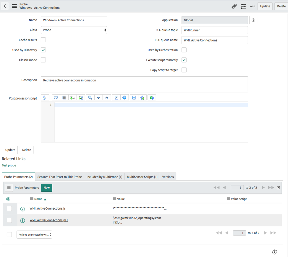 Windows — Active Connections probe configuration page