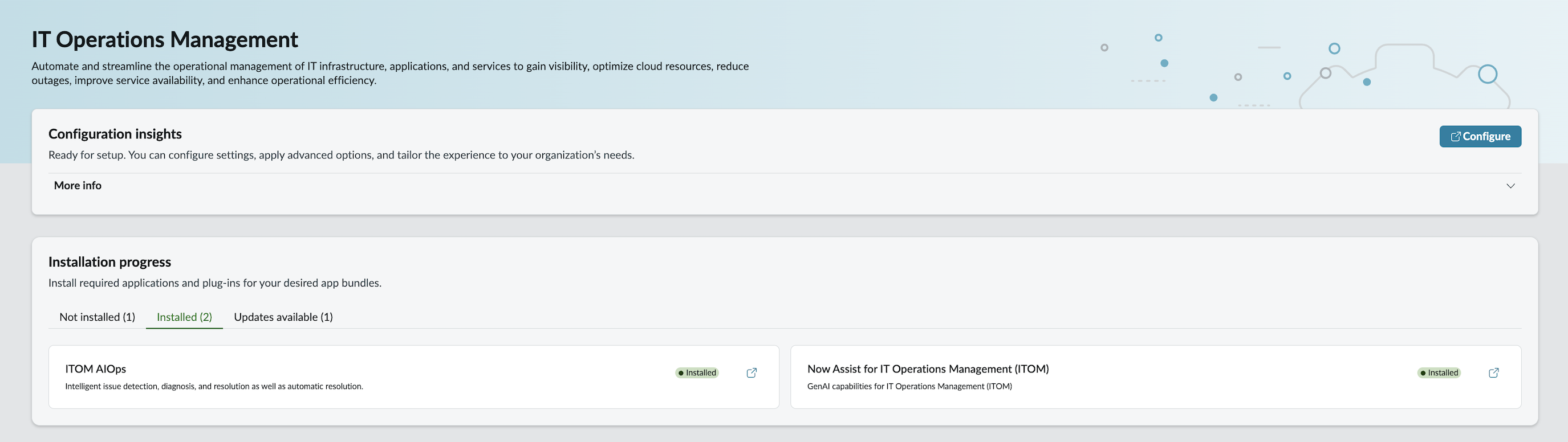 Gestion des opérations IT avec des modules d’extension installés et le bouton Configurer pour accéder à la page Configurer Gestion des opérations IT .