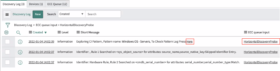 The link to the pattern-based discovery log.