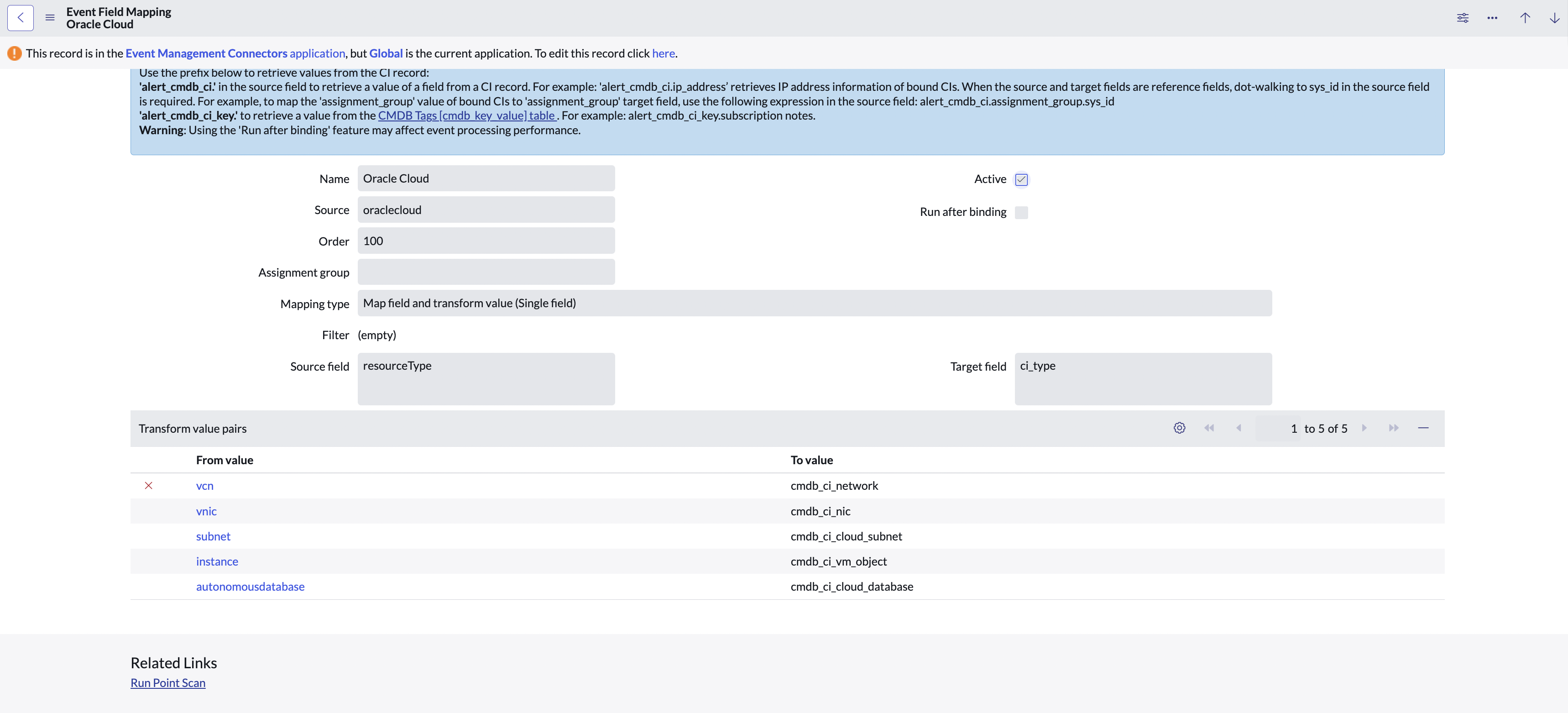 Page de détails Mappage de champs d’événements pour Oracle Cloud.