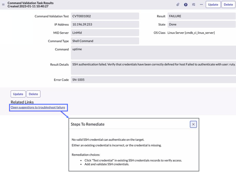 Open suggestions to troubleshoot failure