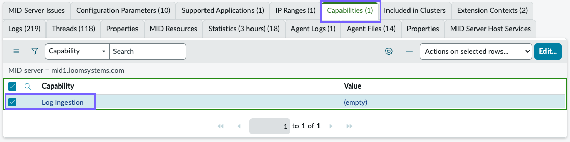 MID Server configuration with Log Ingestion capability enabled.