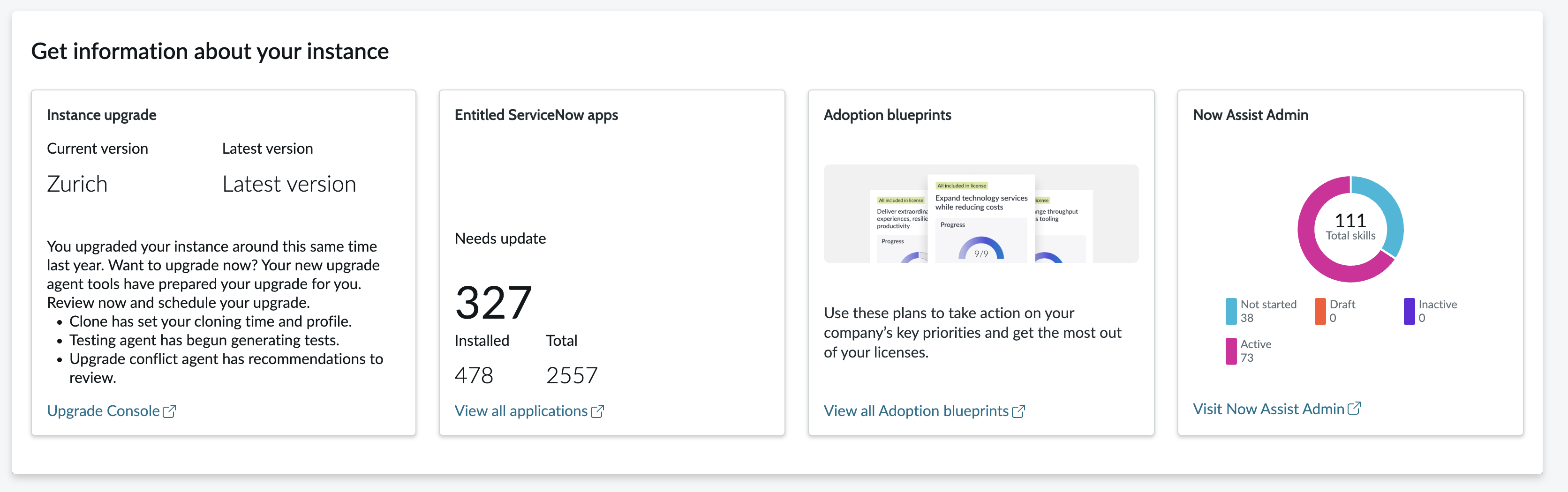 Section d’informations sur l’instance affichant l’état de mise à niveau, le nombre d’applications autorisées, les plans d’adoption et Now Assist le résumé des compétences.