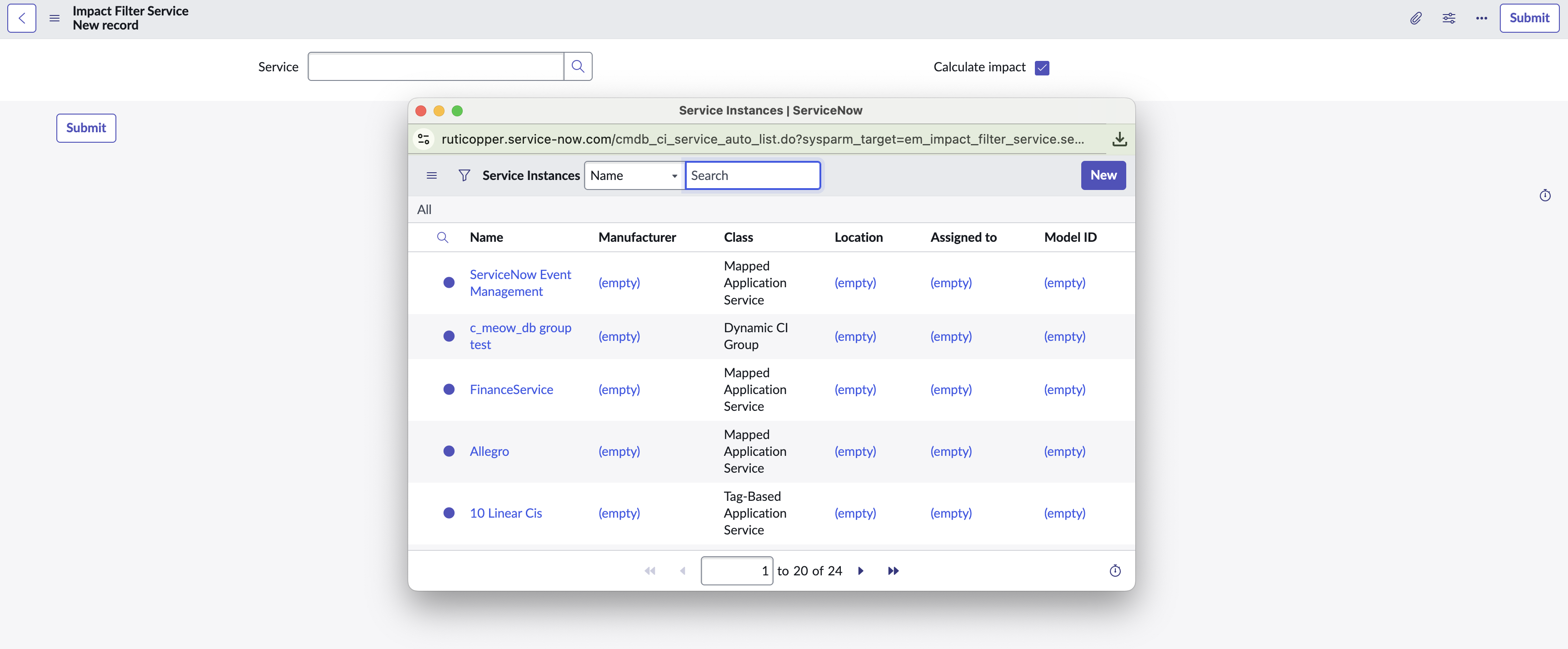 Page Instances de service permettant de sélectionner un service.