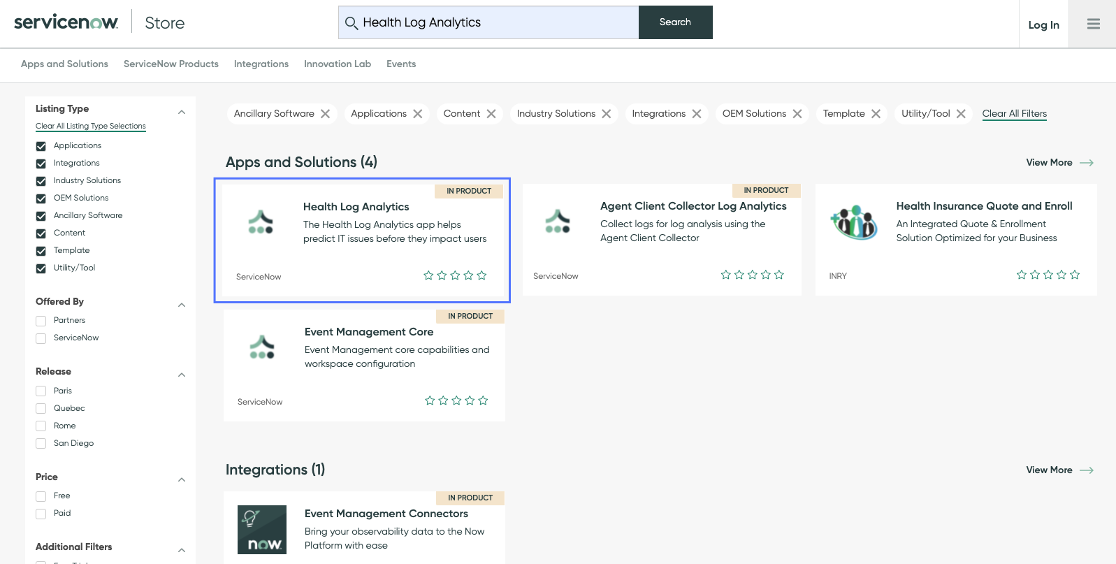 The Health Log Analytics app in the ServiceNow Store.