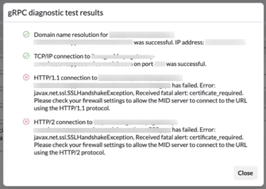 gRPC diagnostic test results screen.