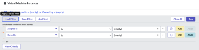Options that you can select from the resource filter.