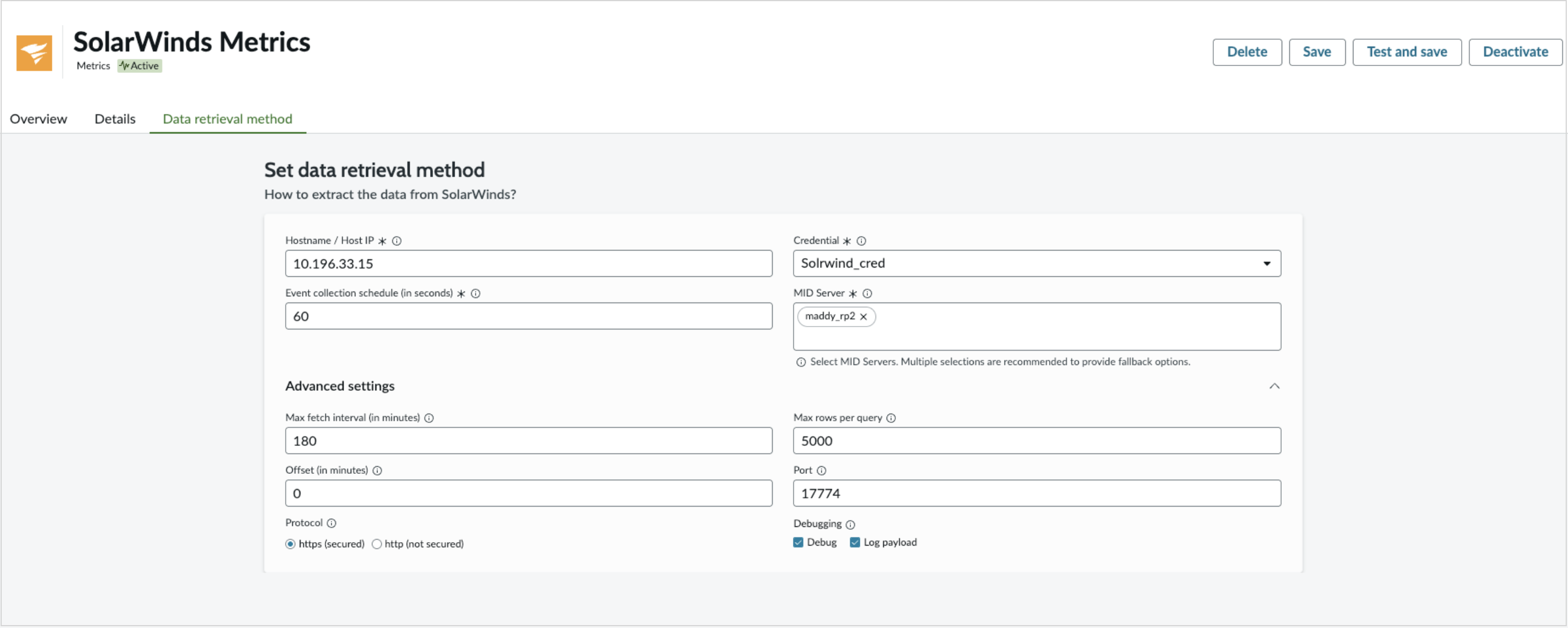 Page Méthode de récupération de données dans le connecteur de mesures SolarWinds.