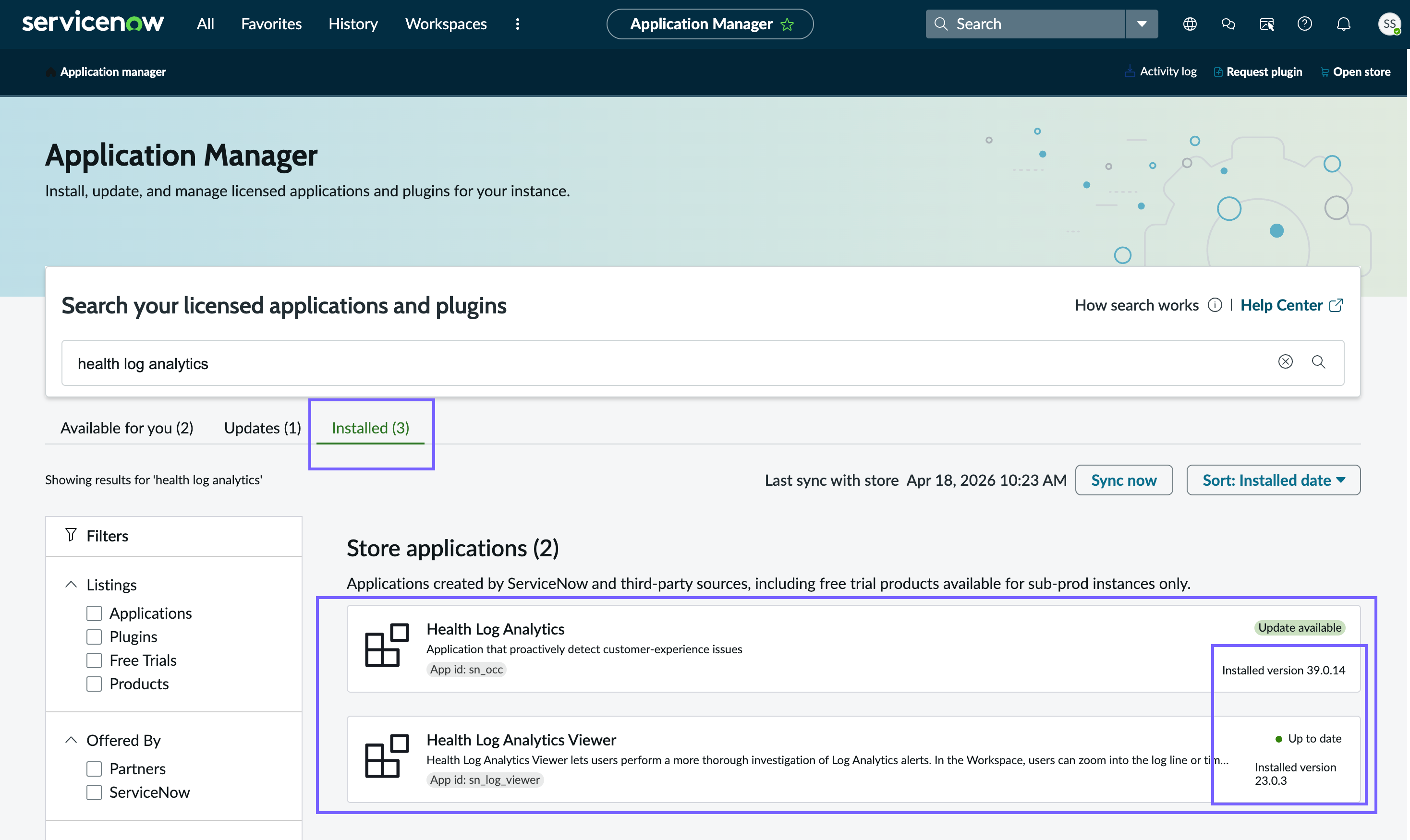 Health Log Analytics is installed on the instance.