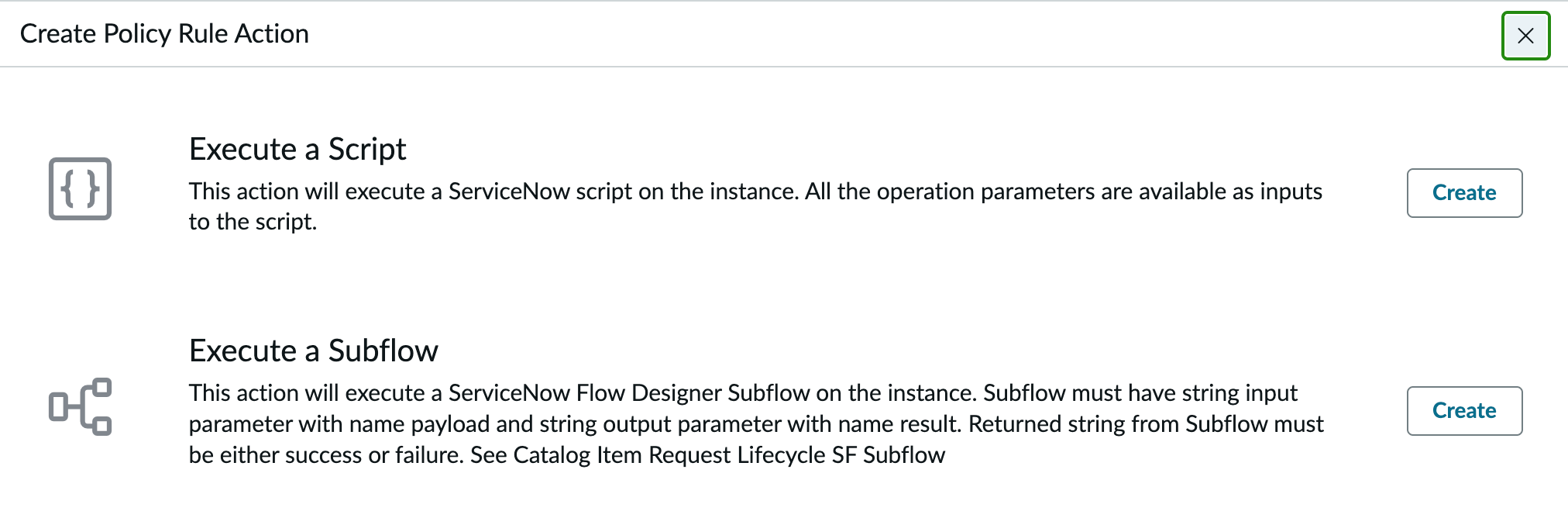 Create Action popup