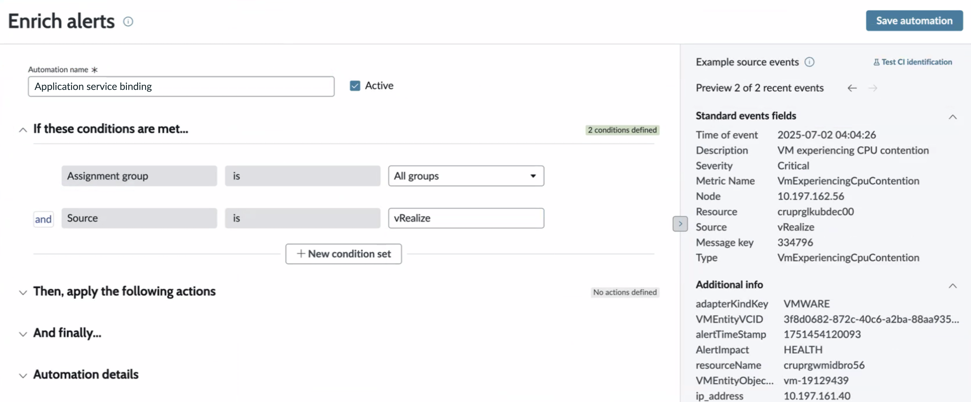 Enrich rule page where you can provide automation name, set conditions and actions.