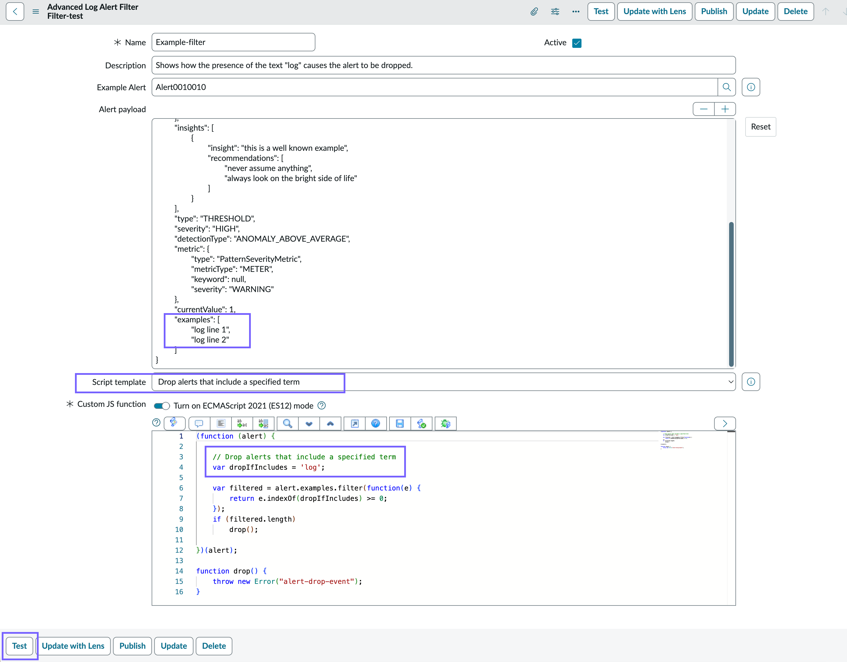 Testing the JavaScript to determine whether to allow or drop the alert.
