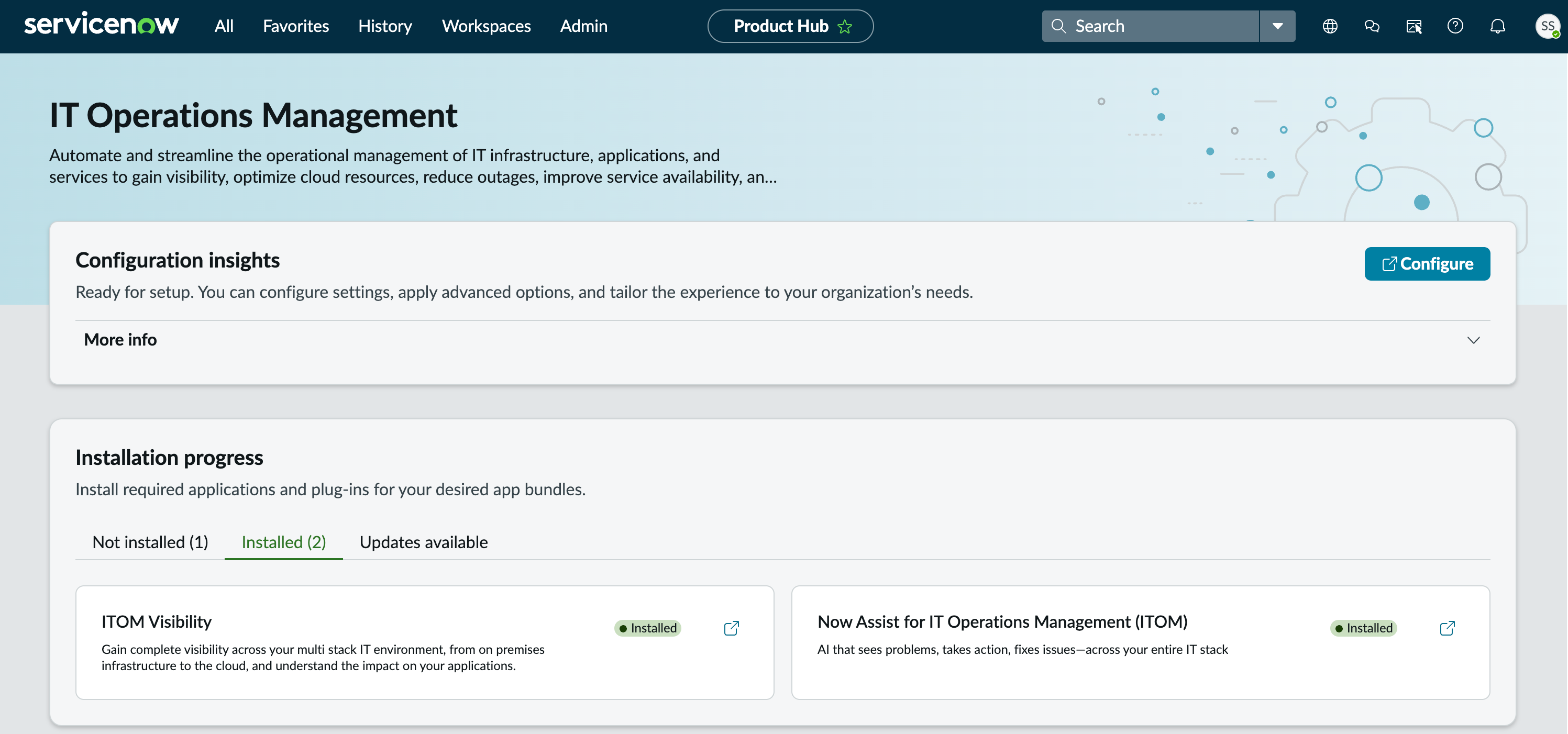 Gestion des opérations IT avec des modules d’extension installés et le bouton Configurer pour accéder à la page Configurer Gestion des opérations IT .