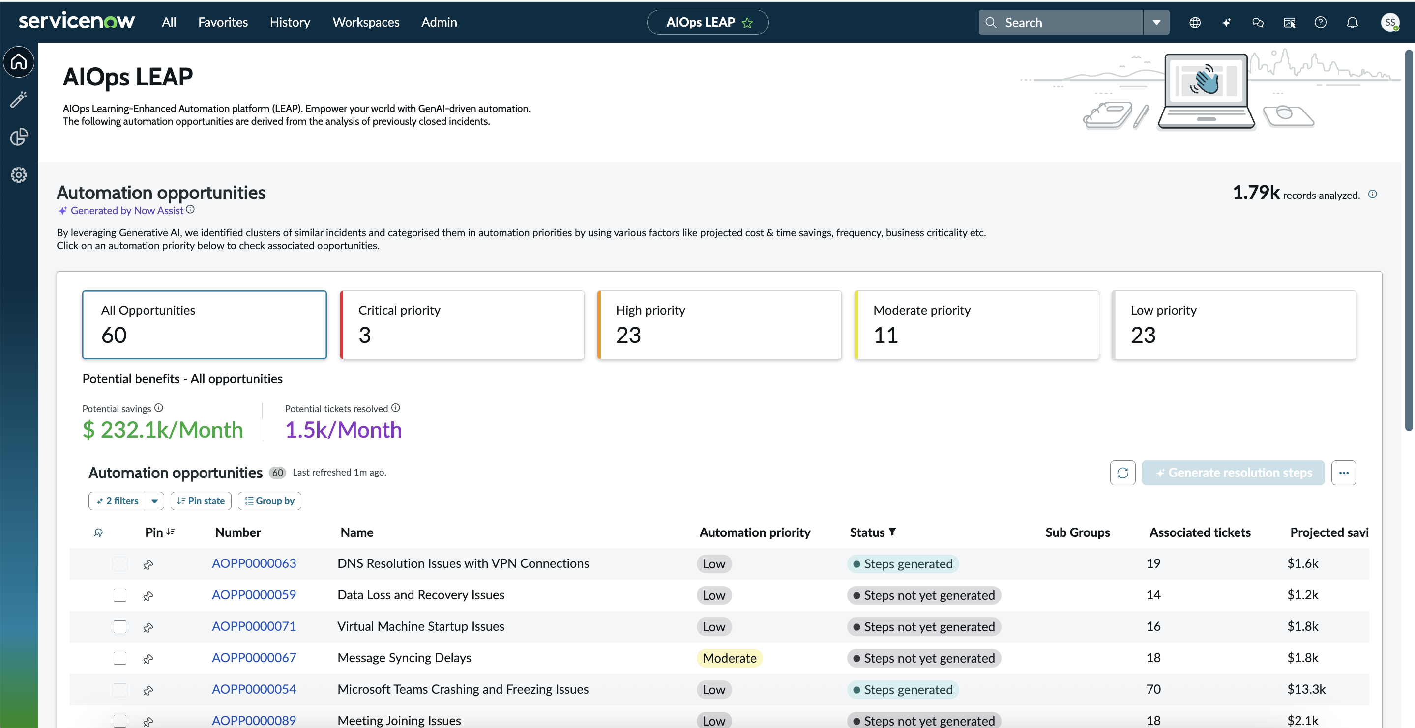 Tableau de bord LEAP avec enregistrements analysés