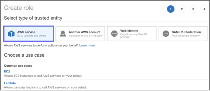 Select the AWS service option for creating an IAM role of the trusted accout
