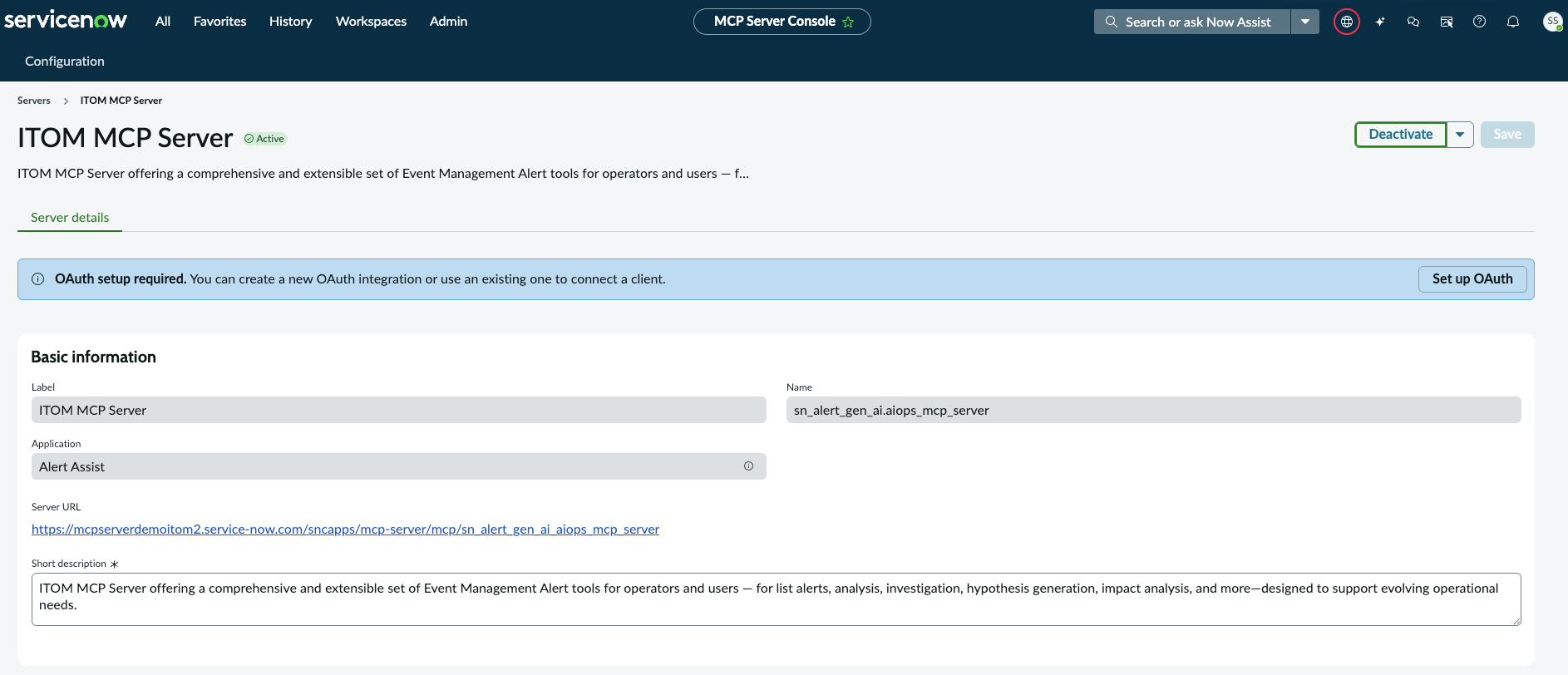 Page des détails de configuration du serveur ITOM MCP