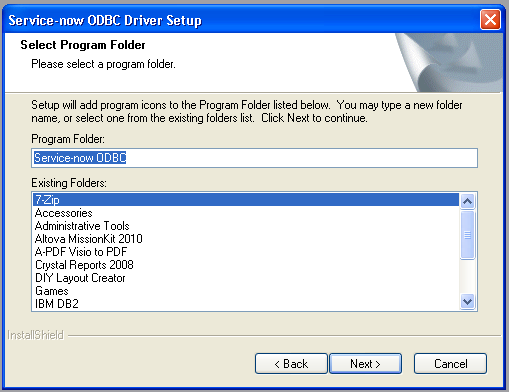 Configuration du pilote ODBC - Sélectionnez Dossier du programme.