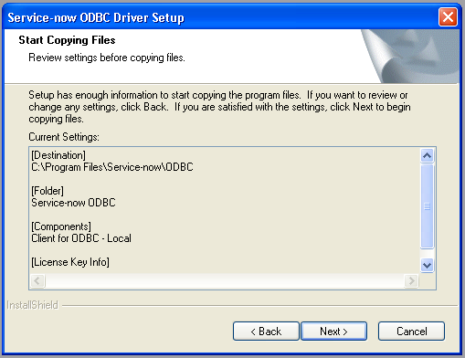 Configuration du pilote ODBC : démarrez la copie des fichiers.