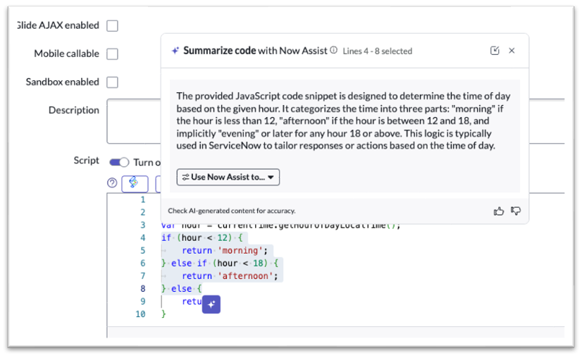 Un résumé du code est affiché dans l’éditeur de script.