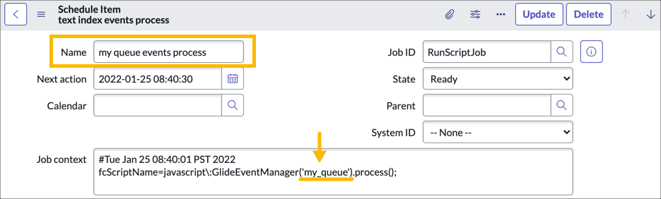 Formulaire d’élément de calendrier montrant l’élément copié renommé et le nom de file d’attente mis à jour pour GlideEventManager dans le champContexte de la tâche.