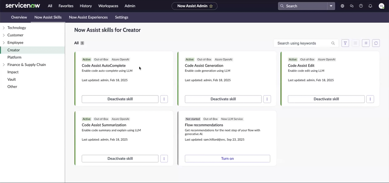 Carte d’assistant de code affichant la compétence Texte-code dans l’administrateur Now Assist.