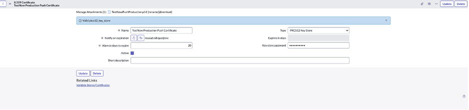 Formulaire de certificat push