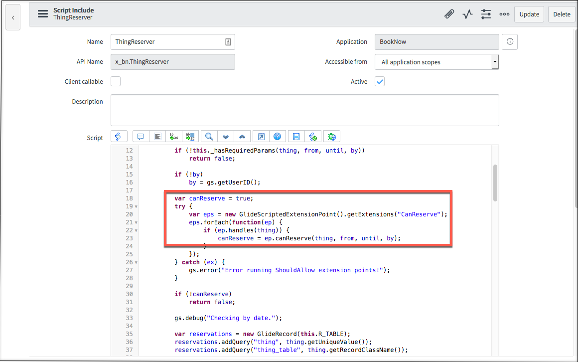 Include de script de code d’application de base avec la commande getExtensions.