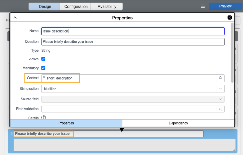Settings for the Please briefly describe your issue question in Survey Designer.