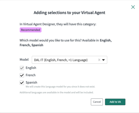 In the Model list, choose an existing model and select the languages you want to add as secondary models for the topic in the group.