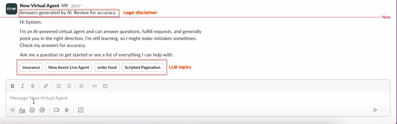 法的免責事項と挨拶を表示する Now Assist との LLM ベースの会話。