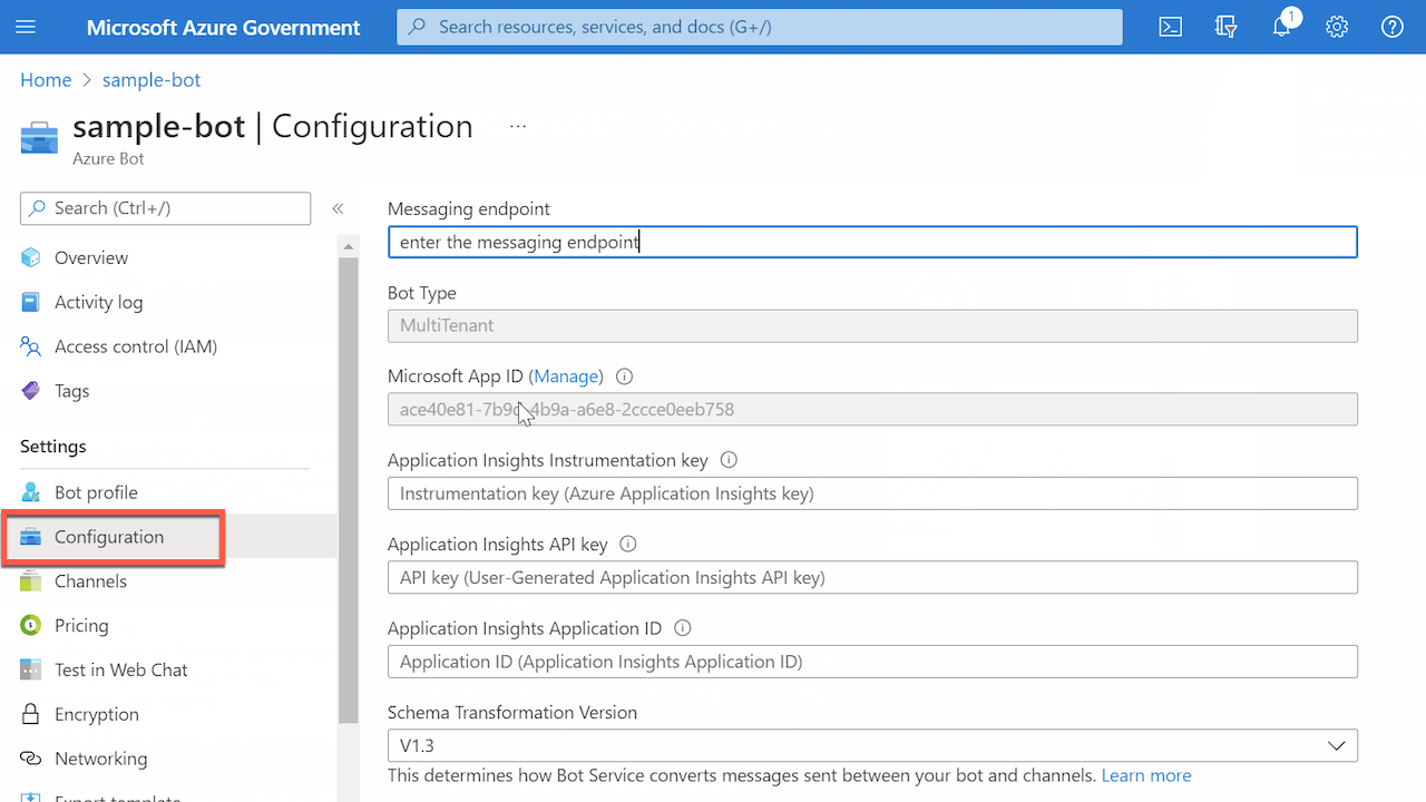 Microsoft Azure bot configuration form, with Configuration tab leading to form highlighted.