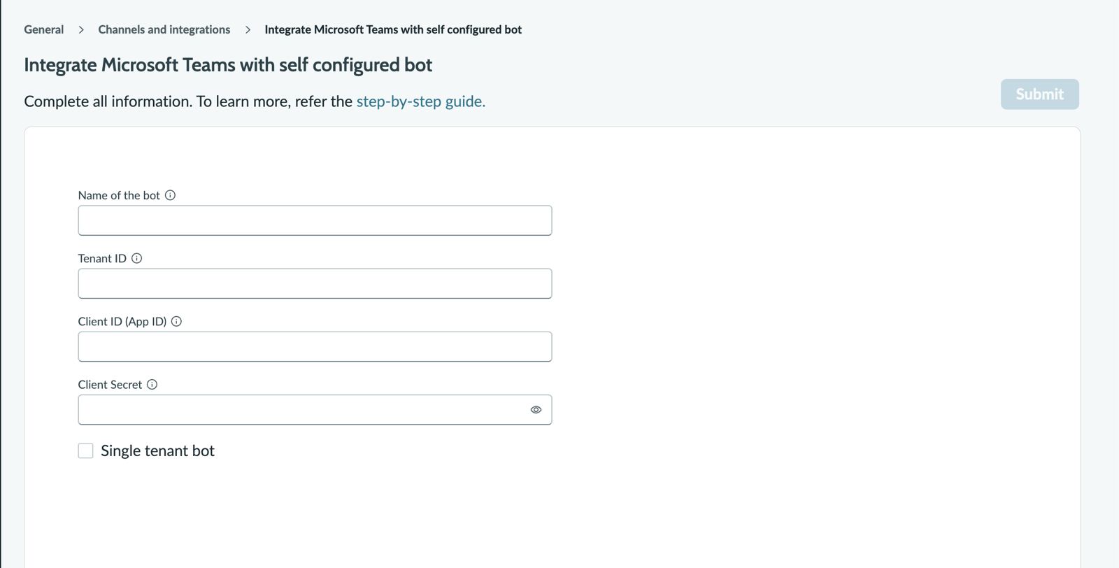 Integrate Microsoft Teams with self-configured bot window in Conversational integrations Channels and integrations settings.