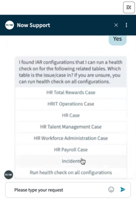 You are prompted to select the related table you want to run the health check on. For instance, HR Cases, Incidents, or all configured tables.