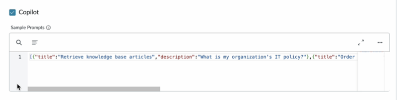 With LLM activated for your bot, Copilot replaces the Message extension option, and lets you enter prompts through a Sample Prompts window.