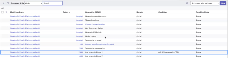 Promoted skills table showing asset with defined condition.