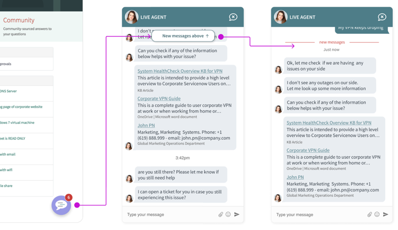The chat icon shows the number of new messages. When the user opens the chat window, line indicators show there are new unread messages in the conversation.