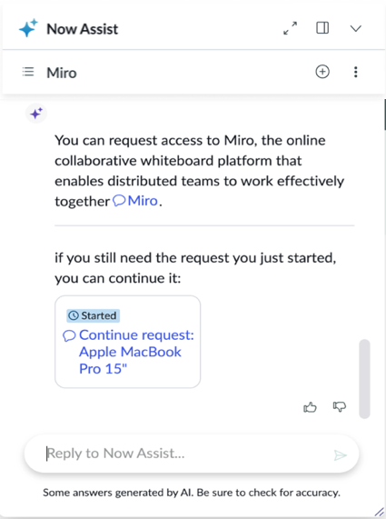 User asks about miro access while in the middle of a conversations about ordering a MacBook.